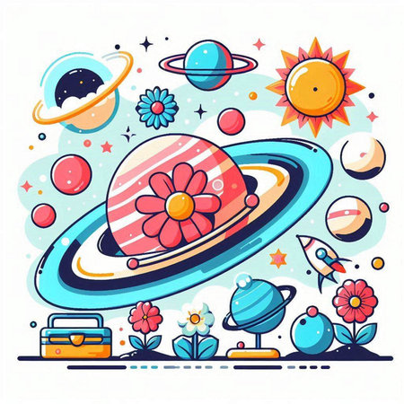 Cartoon vector illustration of space and planets set. Colored flat line art design.のイラスト素材