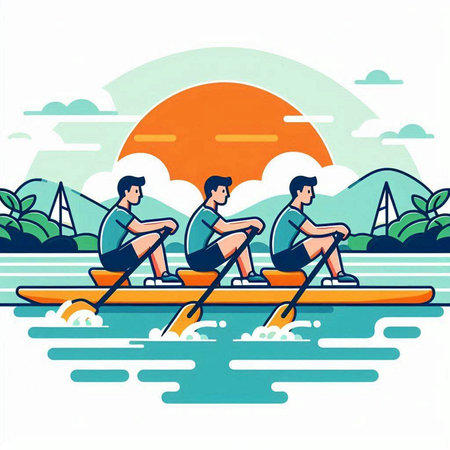 Group of people rowing on a lake. Flat vector illustration.のイラスト素材
