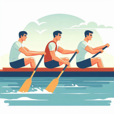 Three men rowing on the river. Flat style vector illustration.のイラスト素材