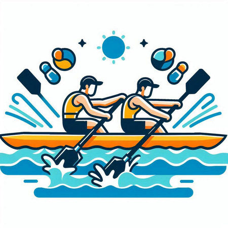 Two men canoeing in the sea. Vector illustration on white background.のイラスト素材