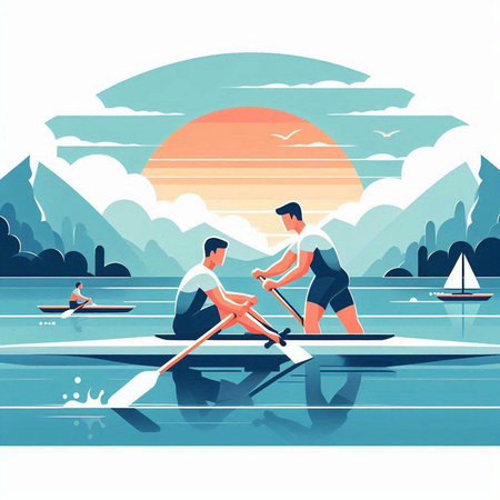 Two men rowing on the lake at sunset. Flat style vector illustration.のイラスト素材