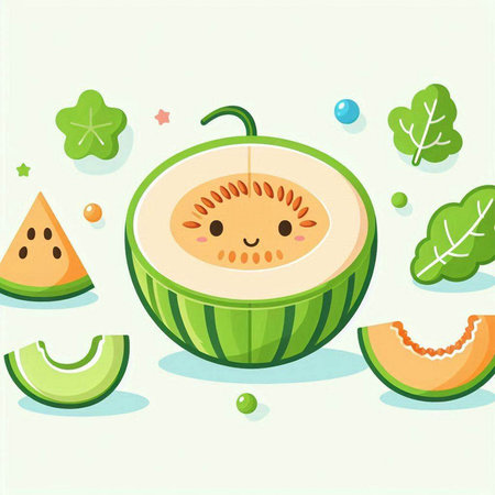 Cute cartoon melon character with fruits and vegetables. Vector illustration.のイラスト素材