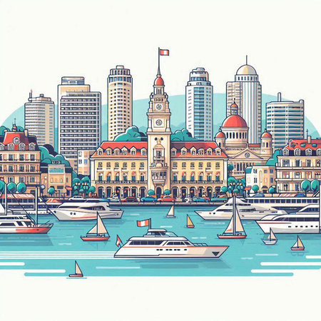 Ships and boats on the city embankment. Vector illustration.のイラスト素材