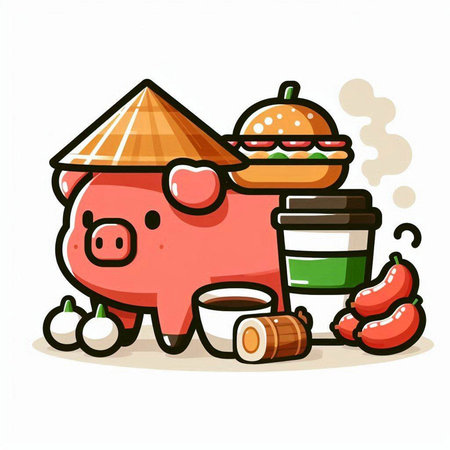 Piggy bank with food and drink, vector cartoon illustration.のイラスト素材