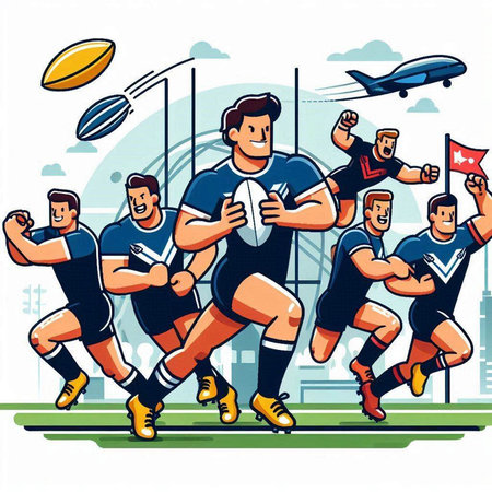Rugby players in action, vector illustration. Group of rugby players.のイラスト素材