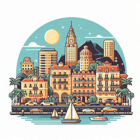 Sydney city skyline in round frame. Vector illustration in flat style.のイラスト素材