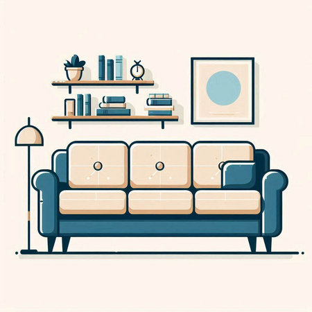Living room interior with sofa and bookshelf. Vector illustration.のイラスト素材