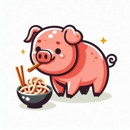 Illustration of cute cartoon pig eating noodle. Vector illustration.のイラスト素材