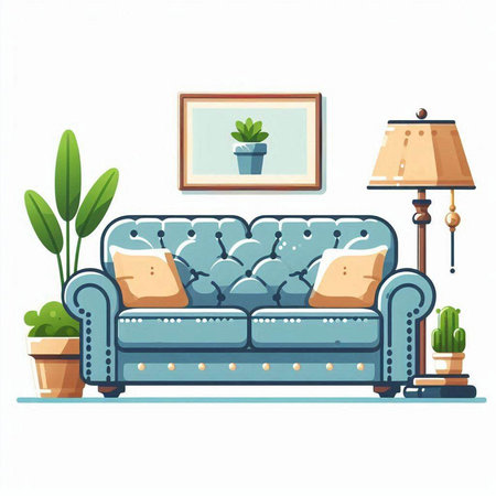 Living room interior with sofa, lamp and plants. Vector illustration.のイラスト素材