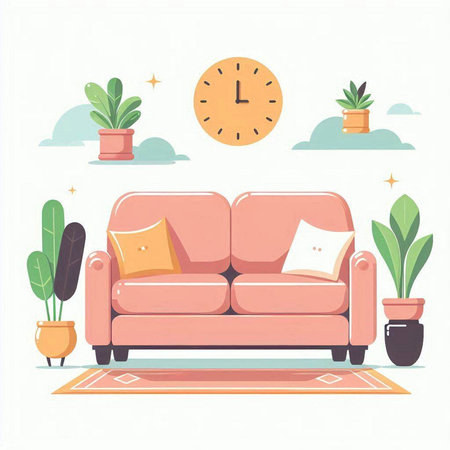 Living room interior with sofa, potted plants and clock. Vector illustration.のイラスト素材