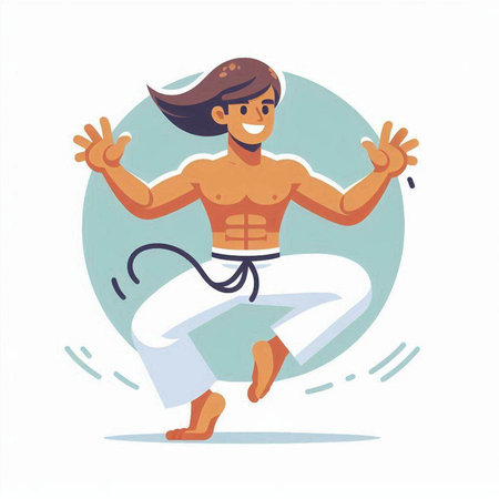 Illustration of a young man practicing martial art. Vector illustration.のイラスト素材