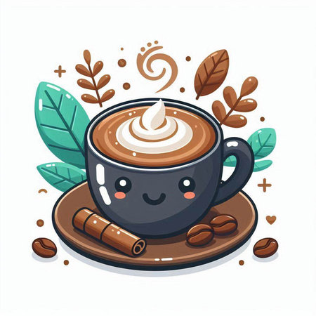 Coffee cup with whipped cream and cinnamon. Vector illustration.のイラスト素材