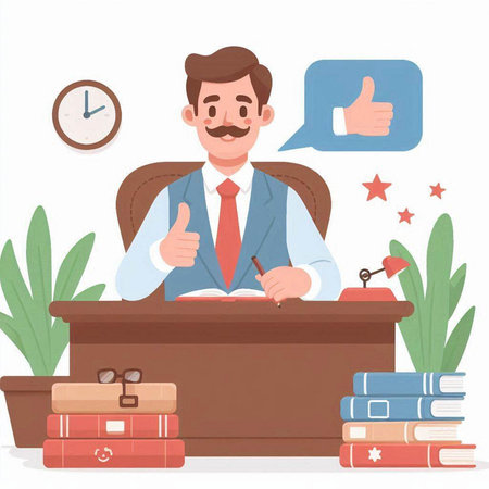 Businessman sitting at desk in office and showing thumbs up. Vector illustrationのイラスト素材