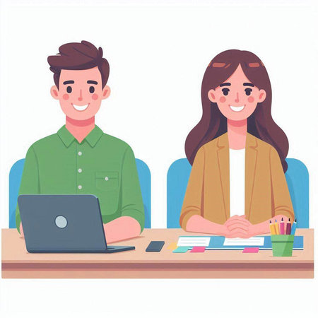 Young man and woman sitting at desk and working on laptop. Vector illustration.のイラスト素材