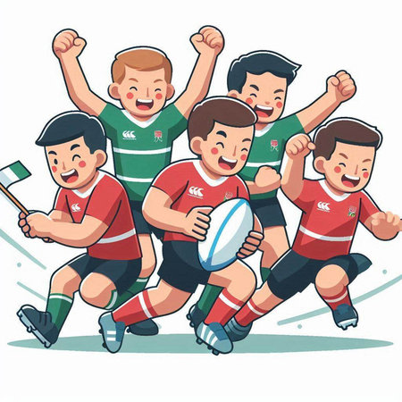 Rugby players with a ball and a flag. Vector illustration.のイラスト素材