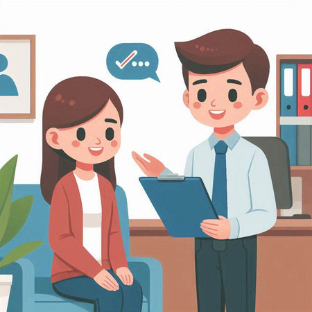 Illustration of a Young Couple Discussing Something in the Officeのイラスト素材