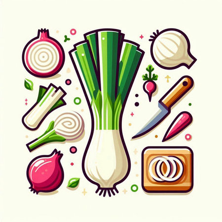 Vector illustration of fresh onion, garlic, pepper, onion and knife.のイラスト素材
