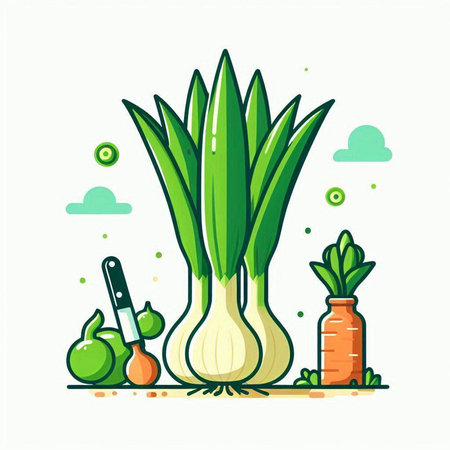 Vector illustration of fresh green onion, carrot, cucumber, onion and tomato.のイラスト素材