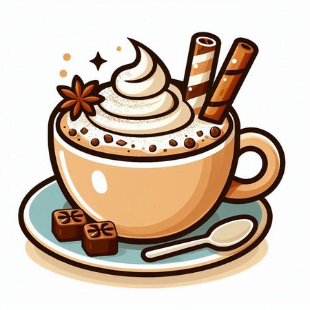 Cup of coffee with whipped cream and chocolate. Vector illustration.のイラスト素材