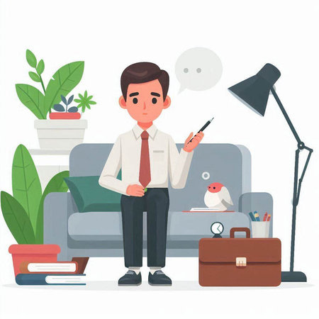 Businessman sitting on the sofa and thinking. Vector illustration in flat styleのイラスト素材