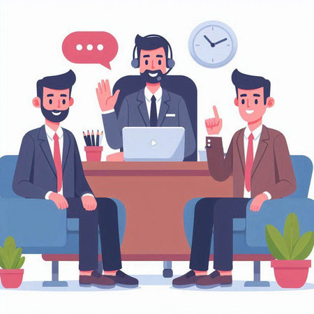Vector illustration of a group of businessmen sitting at the table and talking on the phoneのイラスト素材