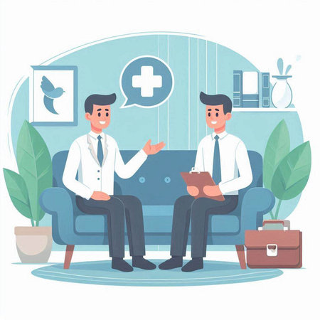 Doctor and Patient Sitting on Sofa with Clipboard. Vector Illustrationのイラスト素材