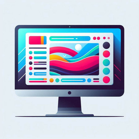 Computer monitor with infographics. Colorful vector illustration in flat styleのイラスト素材
