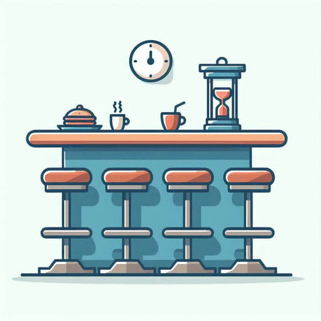 Bar counter vector illustration in flat design style. Bar counter with chairs, table, coffee cup and clock.のイラスト素材