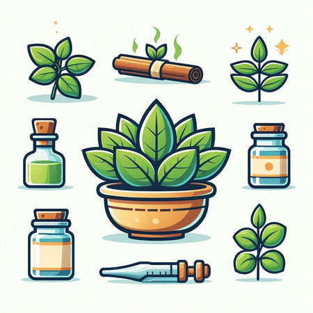 Herbal medicine icons set. Vector illustration of herbal medicine icons.のイラスト素材