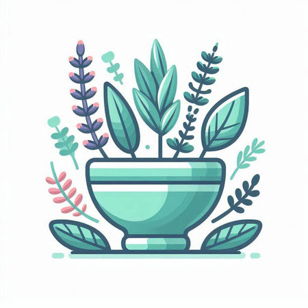 Flowerpot with plants and herbs. Vector illustration in flat styleのイラスト素材