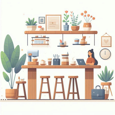Coffee shop interior design. Vector illustration in flat style.のイラスト素材