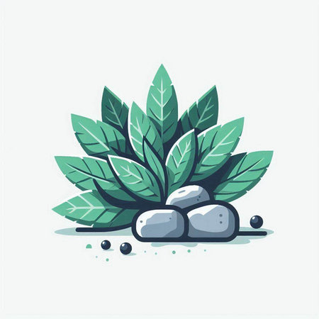 Illustration of a green plant with stones and leaves on a white backgroundのイラスト素材
