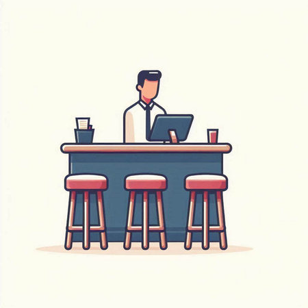 Illustration of a man sitting at a bar counter with a laptopのイラスト素材