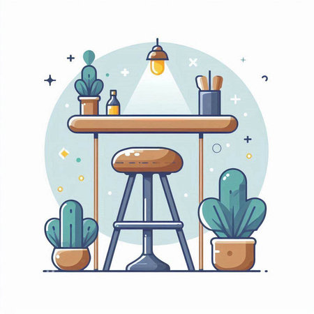 Vector illustration of a cozy cafe with a table, chairs, lamps and cacti.のイラスト素材