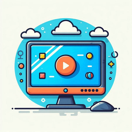 Video player on computer screen. Vector illustration in flat cartoon style.のイラスト素材