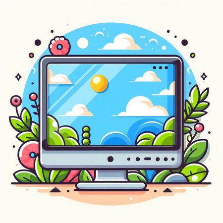Vector illustration of a computer monitor with a view of the sun and clouds on the screen.のイラスト素材