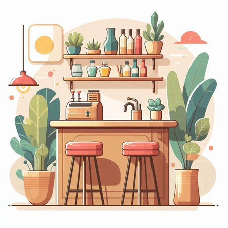 Interior of a modern bar. Bar counter, stools, chairs and plants. Vector illustrationのイラスト素材