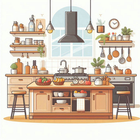 Kitchen interior with furniture and equipment. Vector illustration in cartoon styleのイラスト素材