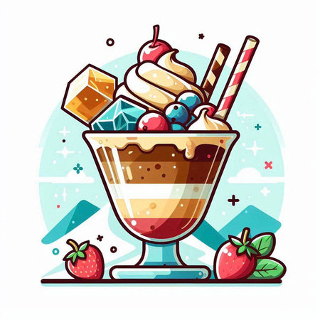 Vector illustration of a milkshake with ice cream and berries.のイラスト素材