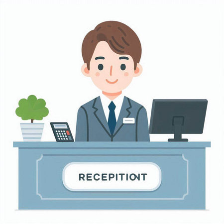 Receptionist at the reception desk. Vector illustration in a flat style.のイラスト素材
