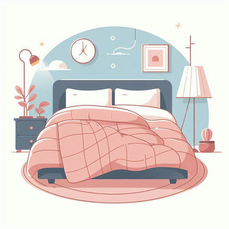 Vector illustration of a cozy bedroom with a bed and a lamp.のイラスト素材