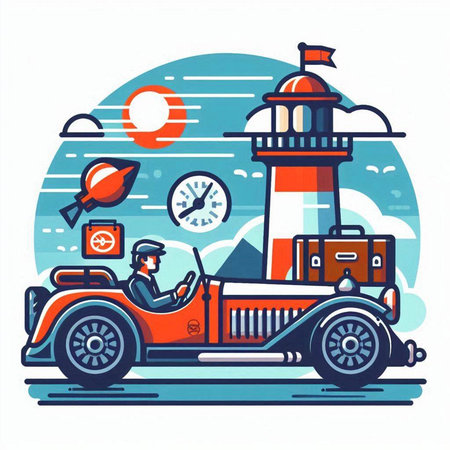 Retro car on the background of the lighthouse. Vector illustration.のイラスト素材