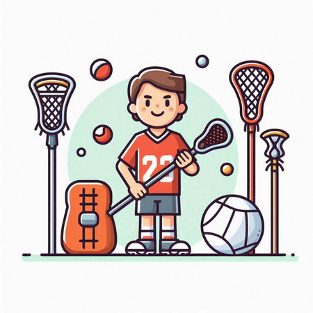 Cartoon vector illustration of a boy playing tennis, hockey, basketball, rugby, badminton.のイラスト素材