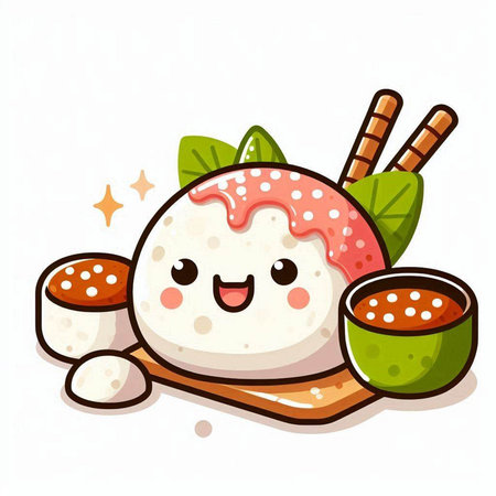 Vector illustration of a cute kawaii sushi roll on white backgroundのイラスト素材