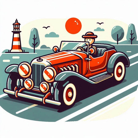 Retro car on the road. Vector illustration in retro style.のイラスト素材