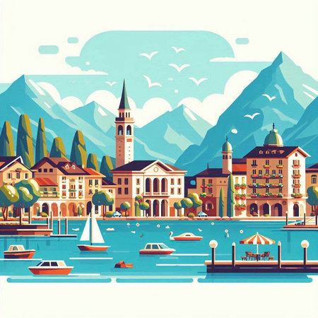 Beautiful summer landscape of Lake Garda. Italy. Vector illustrationのイラスト素材