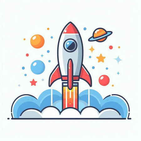 Space rocket icon. Flat line art vector illustration for web and mobile designのイラスト素材