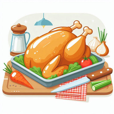 Illustration of a Roast Chicken on a Cutting Board with Vegetablesのイラスト素材