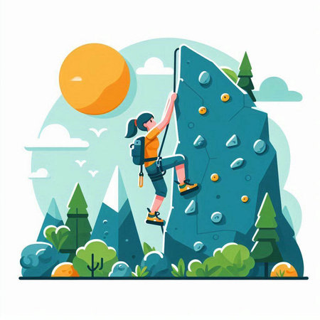 Young woman climbing on a rock in the forest. Vector illustration.のイラスト素材