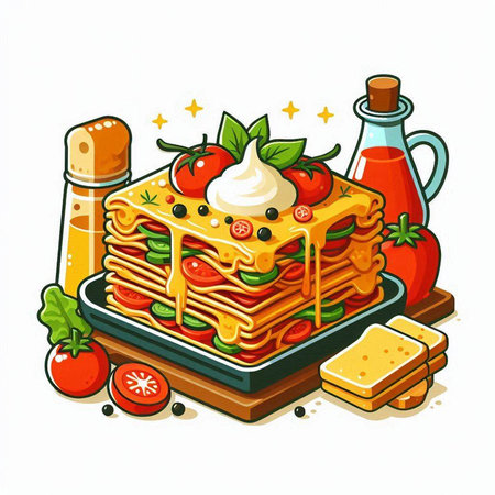 Illustration of a stack of lasagna with tomato sauce and cheeseのイラスト素材